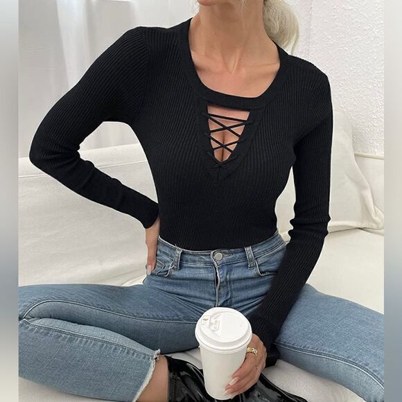 Womens Long Sleeve Fitted Tops V Neck Ribbed Button Knit Sweater - Picture 3 of 5